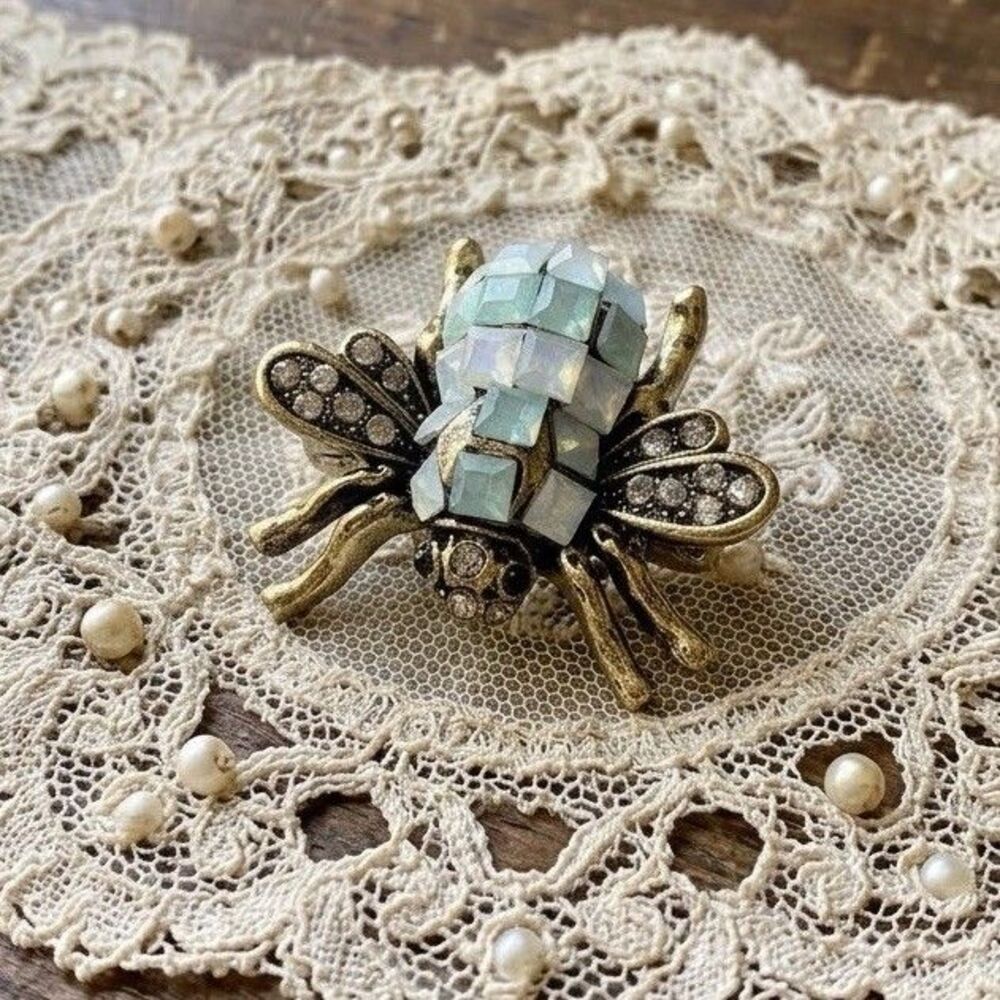 VTG Victorian Style Art Deco Mosaic Bee Brooch Pin Rhinestone Crystal Blue Gift